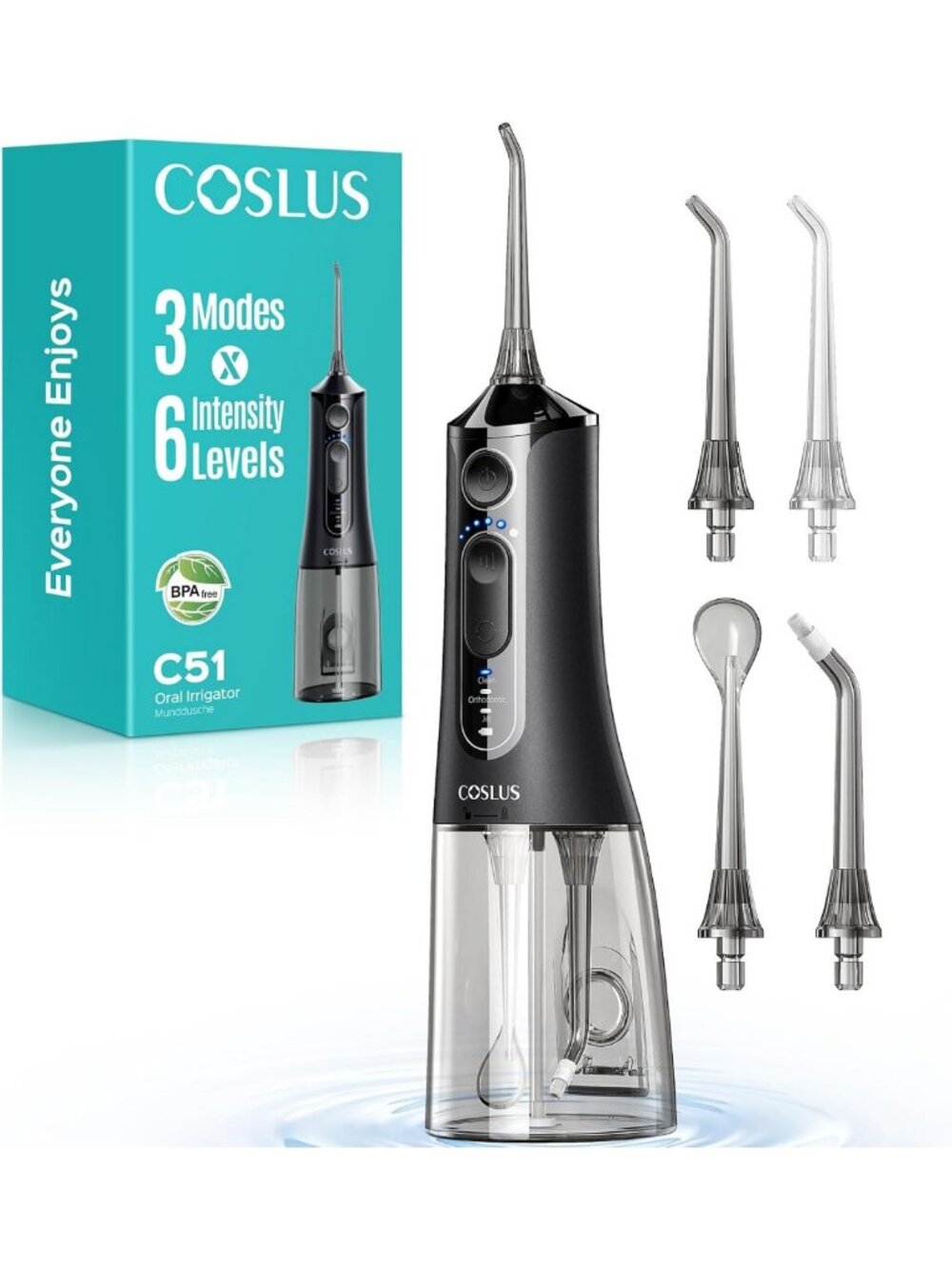 Water Dental Flosser with 3 Modes & 6 Pressure Settings - ADA Accepted, Black